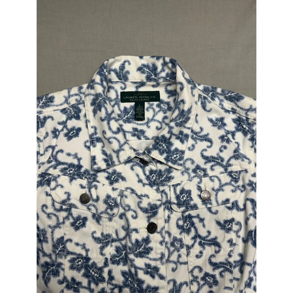 Lauren Ralph Lauren Jeans Co Blue White Floral Damask Denim Trucker Jacket L - Picture 3 of 7